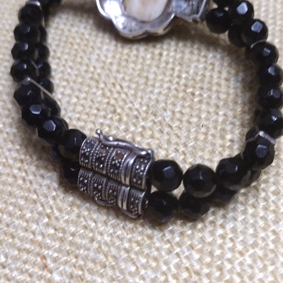 MARCHASITE  MOTHER OF PEARL OBSIDIAN DOUBLE BEADED BLACK BRACELET - Picture 3 of 9